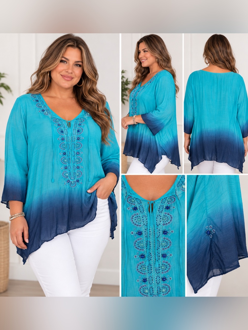 Catherines Women's Ombre Embroidered beaded Tunic Top size 3X NWT